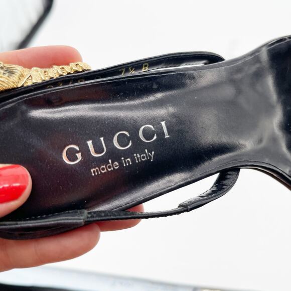 Vintage Gucci Black Leather Tiger Head Slingback Heeled Sandals size 7.5 - Picture 9 of 12